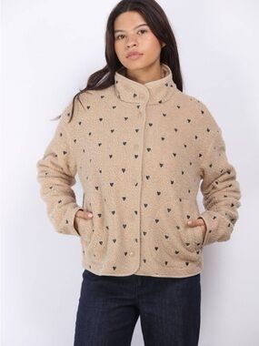 26 International Beige Sherpa Jacket with Navy Heart Print
